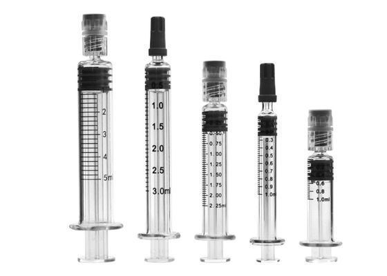 सीई पर्ची टिप गर्मी प्रतिरोधी 20cc पतली Pyrex ग्लास सिरिंज